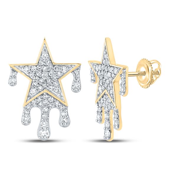 Mens Diamond Dripping Star Earrings 3/4 Cttw 10kt Yellow Gold