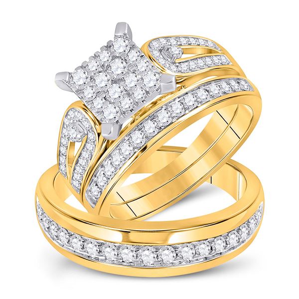 His Hers Diamond Square Matching Wedding Set 1-1/5 Cttw 14kt Yellow Gold