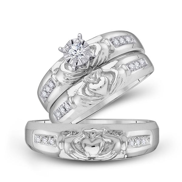 His Hers Diamond Claddagh Matching Wedding Set 1/8 Cttw 10kt White Gold
