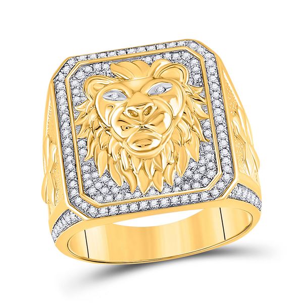 Mens Diamond Lion Face Fashion Ring 5/8 Cttw 10kt Yellow Gold