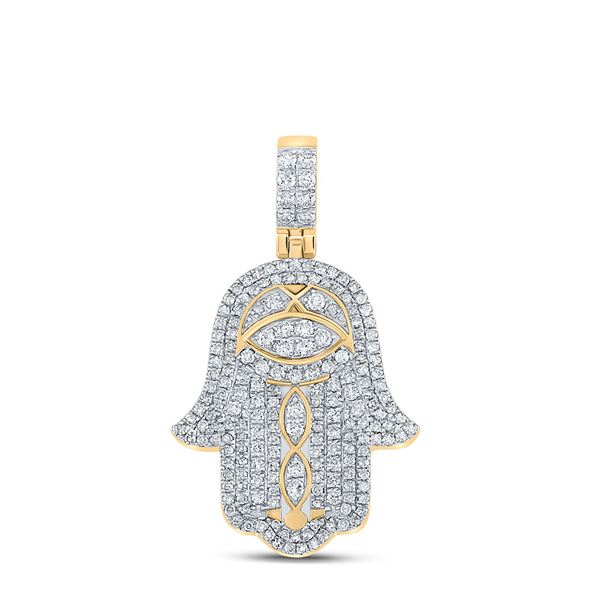 Mens Diamond Hamsa Hand Charm Pendant 1-1/2 Cttw 10kt Yellow Gold