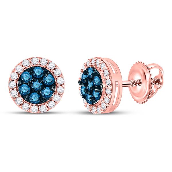 Blue Color Enhanced Diamond Flower Cluster Earrings 1/2 Cttw 10kt Rose Gold