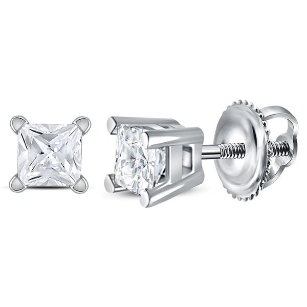 Unisex Princess Diamond Solitaire Stud Earrings 1/4 Cttw 14kt White Gold