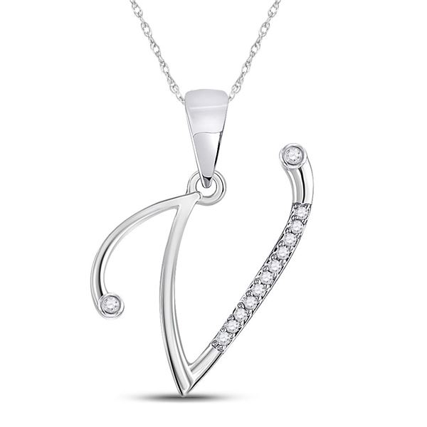 Diamond V Initial Letter Pendant 1/20 Cttw 10kt White Gold