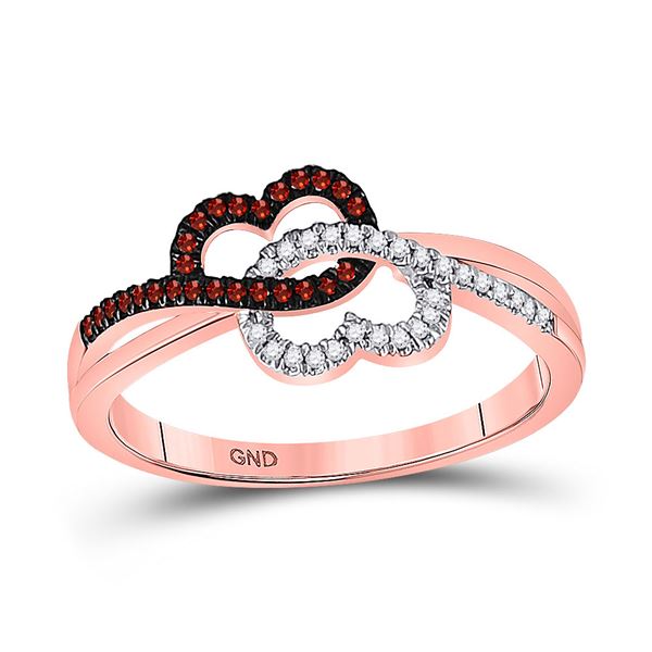 Red Color Enhanced Diamond Double Linked Heart Ring 1/6 Cttw 10kt Rose Gold