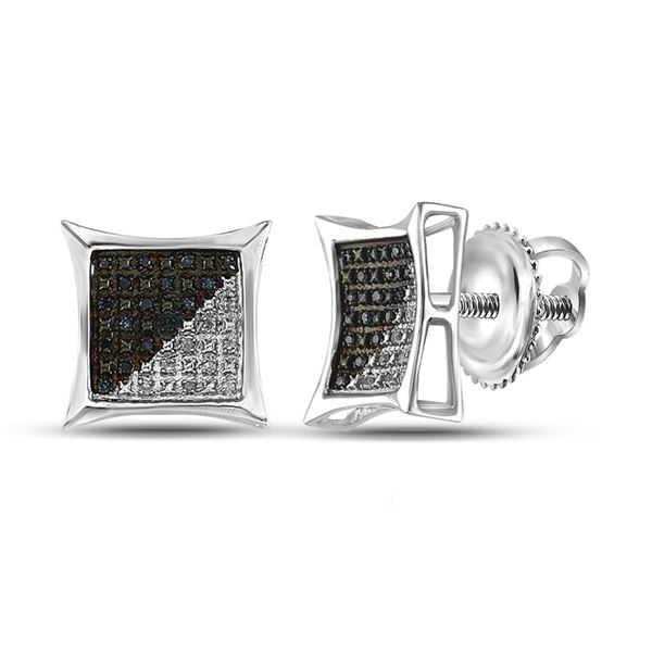 Sterling Silver Mens Blue Color Enhanced Diamond Square Earrings 1/6 Cttw Sterling Silver