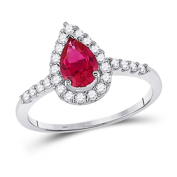 Pear Lab-Created Ruby Solitaire Diamond Frame Ring 1-1/5 Cttw 10kt White Gold