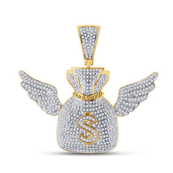 Mens Diamond Money Bag Wings Charm Pendant 1-1/2 Cttw 10kt Yellow Gold