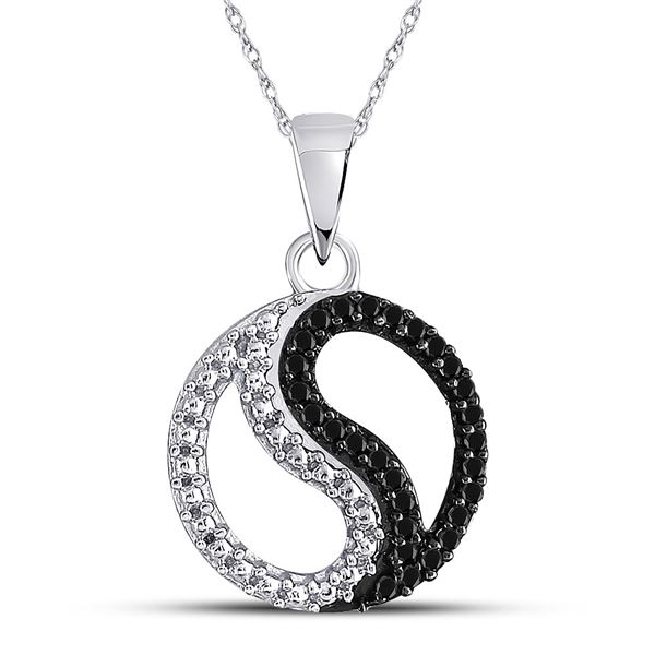 Black Color Enhanced Diamond Ying Yang Circle Pendant 1/10 Cttw 10kt White Gold