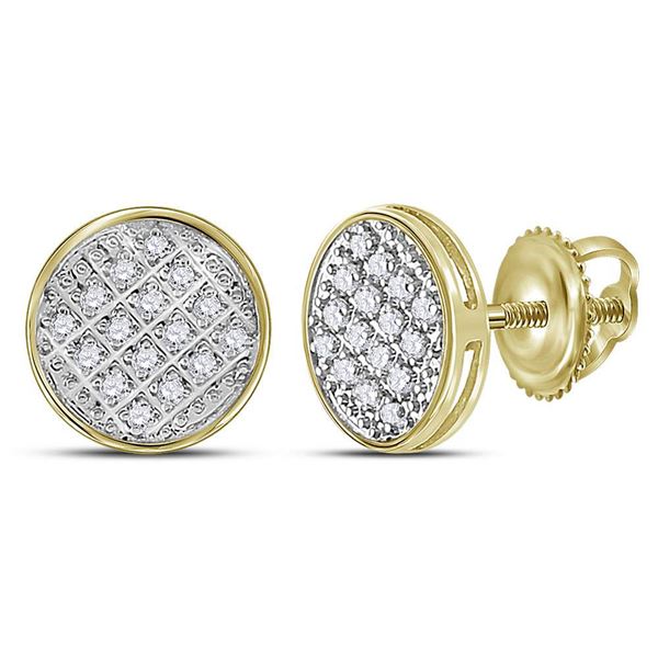 Mens Diamond Circle Cluster Stud Earrings 1/12 Cttw 10kt Yellow Gold