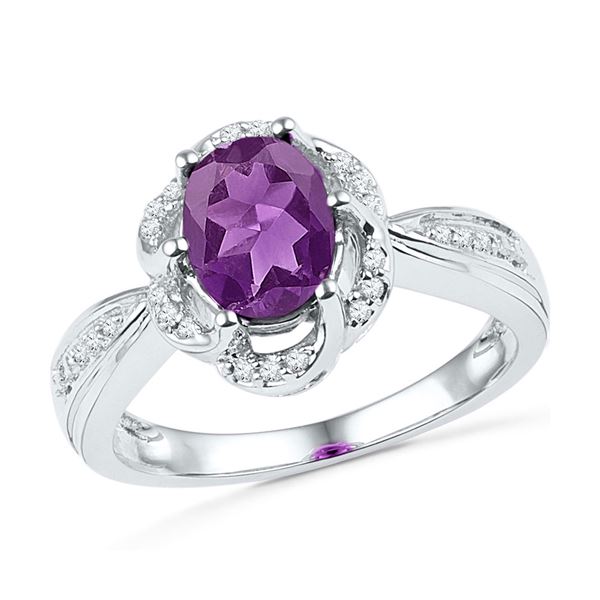 Oval Lab-Created Amethyst Solitaire Diamond-accent Ring 1-3/4 Cttw 10kt White Gold