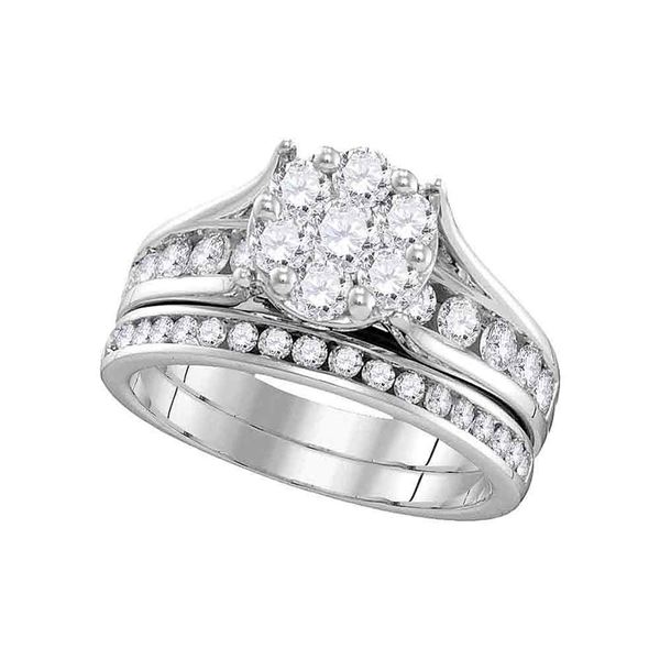 Diamond Cluster Bridal Wedding Ring Band Set 1-1/2 Cttw 14kt White Gold