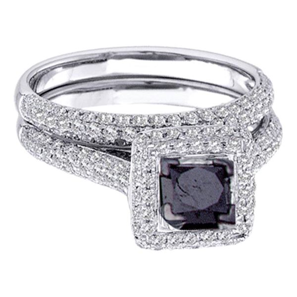 Princess Black Color Enhanced Diamond Wedding Ring Set 1-1/4 Cttw Sz 8 14kt White Gold