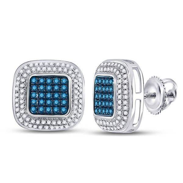 Blue Color Enhanced Diamond Square Cluster Earrings 1/2 Cttw 10kt White Gold