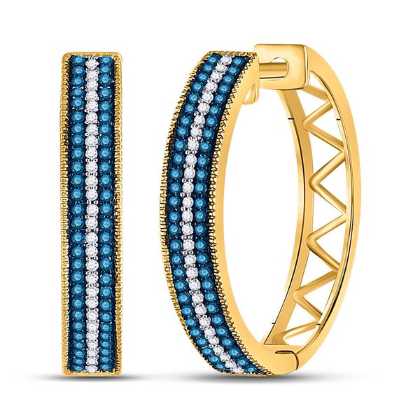 Blue Color Enhanced Diamond Hoop Earrings 1/2 Cttw 10kt Yellow Gold