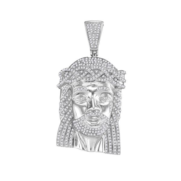 Mens Diamond Jesus Face Charm Pendant 1-5/8 Cttw 10kt White Gold