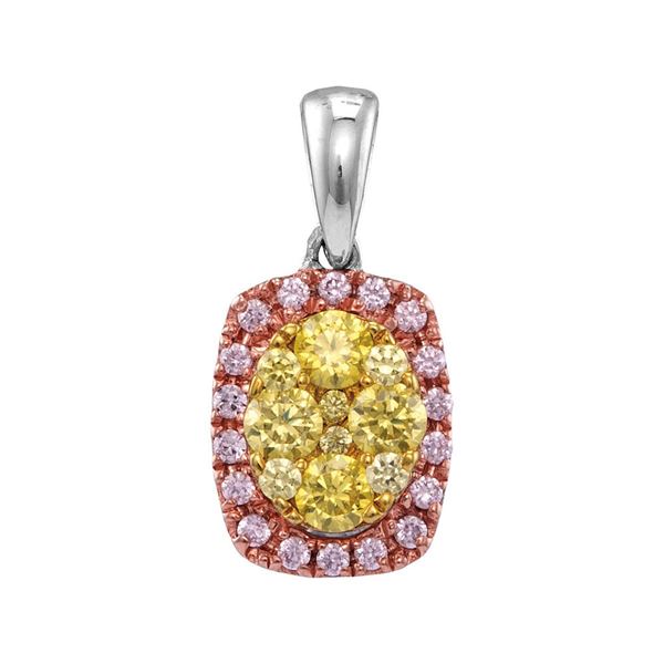 Yellow Pink Diamond Oval Frame Cluster Pendant 3/4 Cttw 14kt White Gold