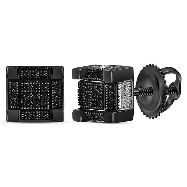 Sterling Silver Mens Black Color Enhanced Diamond 3D Square Stud Earrings 1/6 Cttw Sterling Silver