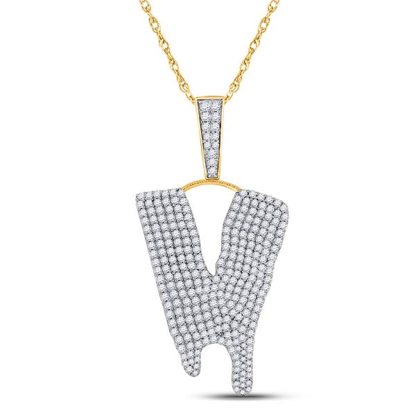 Mens Diamond Dripping V Letter Charm Pendant 2-7/8 Cttw 10kt Yellow Gold