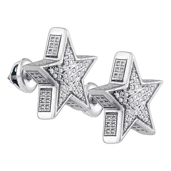 Sterling Silver Mens Diamond 3D Star Stud Earrings 1/8 Cttw Sterling Silver