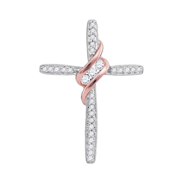 3-Stone Diamond Rose-tone Cross Pendant 1/5 Cttw 10kt White Gold