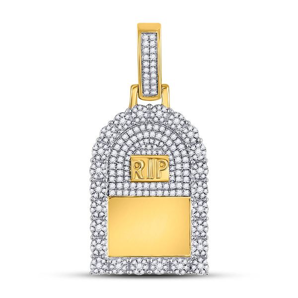 Mens Diamond Headstone RIP Picture Memory Pendant 1-1/2 Cttw 10kt Yellow Gold