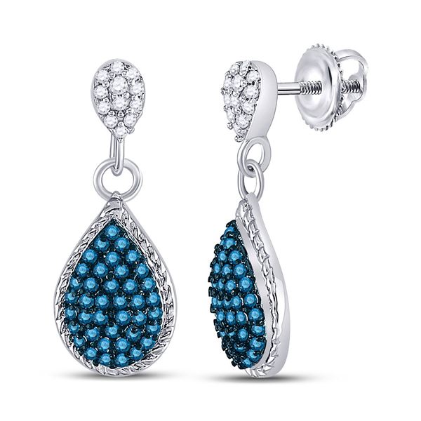 Blue Color Enhanced Diamond Teardrop Dangle Earrings 1/2 Cttw 10kt White Gold