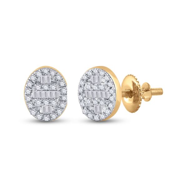 Baguette Diamond Oval Cluster Earrings 1/4 Cttw 10kt Yellow Gold