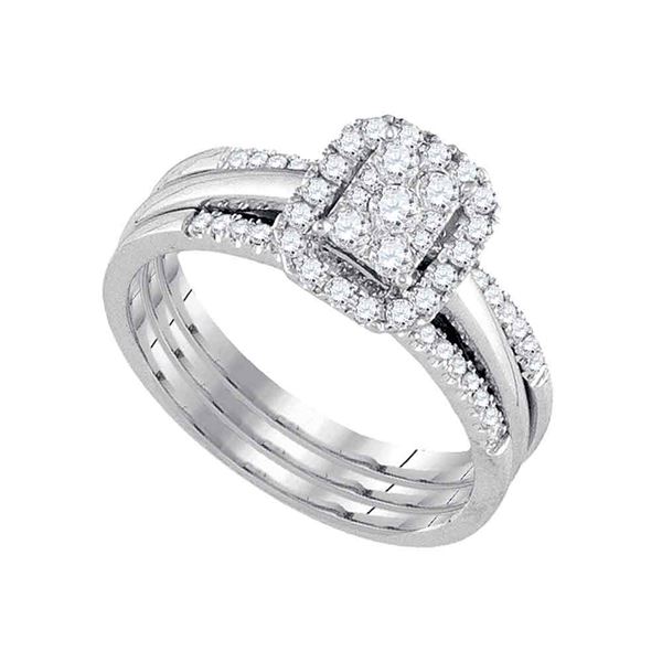 Diamond Cluster Amour Bridal Wedding Ring Band Set 1/2 Cttw 14kt White Gold