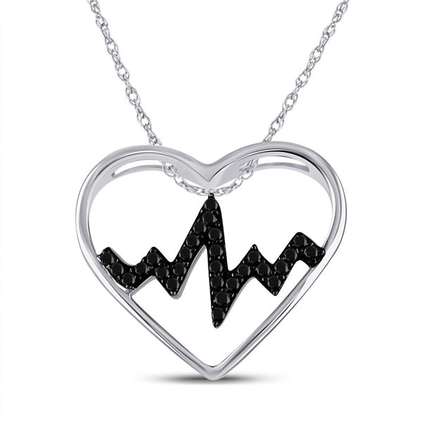 Black Color Enhanced Diamond Heartbeat Heart Pendant 1/10 Cttw Sterling Silver