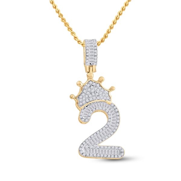 Mens Baguette Diamond Number 2 Crown Charm Pendant 3/4 Cttw 10kt Yellow Gold