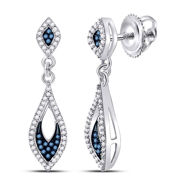 Blue Color Enhanced Diamond Dangle Earrings 1/3 Cttw 10kt White Gold
