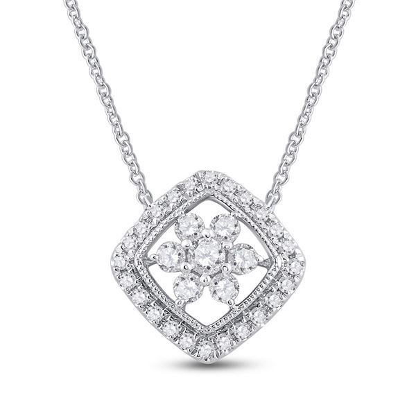 Diamond Offset Square Cluster Necklace 1/2 Cttw 14kt White Gold