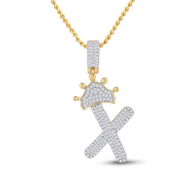 Mens Baguette Diamond Crown X Letter Charm Pendant 5/8 Cttw 10kt Yellow Gold