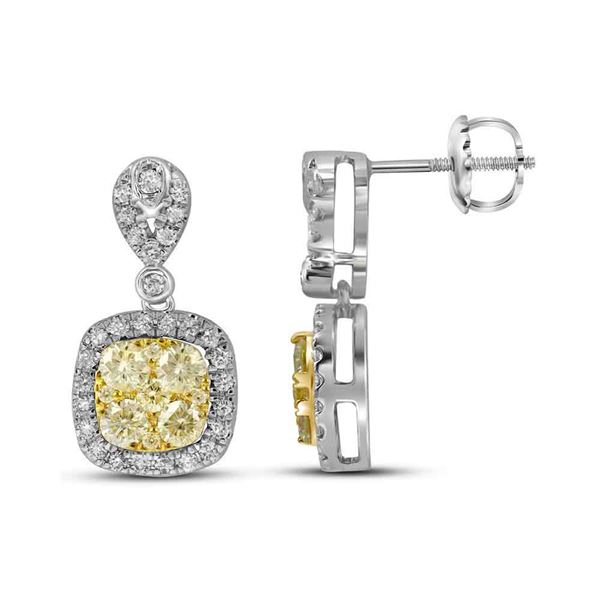 Yellow Diamond Square Dangle Earrings 1-1/5 Cttw 14kt White Gold