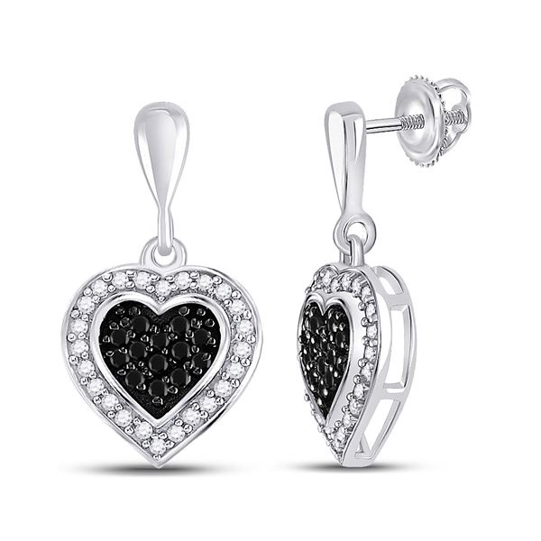 Black Color Enhanced Diamond Heart Dangle Earrings 1/2 Cttw 10kt White Gold