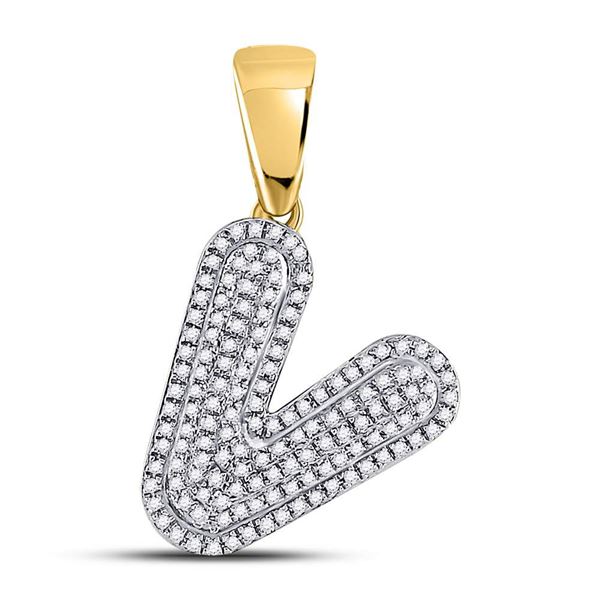 Mens Diamond Letter V Bubble Initial Charm Pendant 3/8 Cttw 10kt Yellow Gold