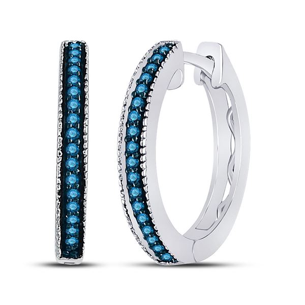 Blue Color Enhanced Diamond Single Row Hoop Earrings 1/10 Cttw Sterling Silver