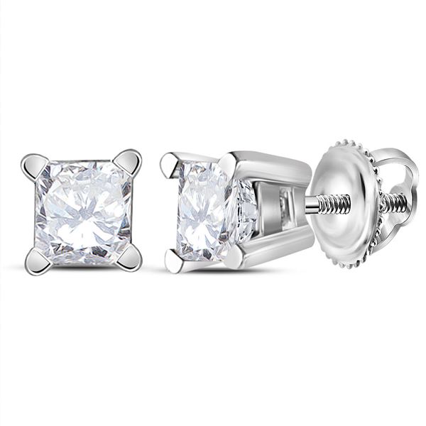 Unisex Princess Diamond Solitaire Stud Earrings 1/2 Cttw 14kt White Gold
