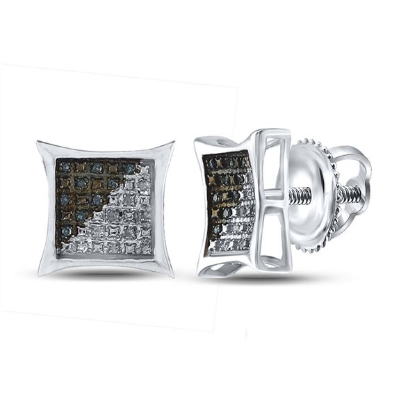 Sterling Silver Mens Blue Color Enhanced Diamond Kite Square Earrings 1/8 Cttw Sterling Silver