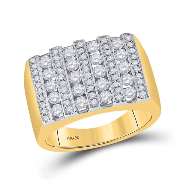 Mens Channel-set Diamond Square Stripe Cluster Ring 1-1/2 Cttw 14kt Yellow Gold