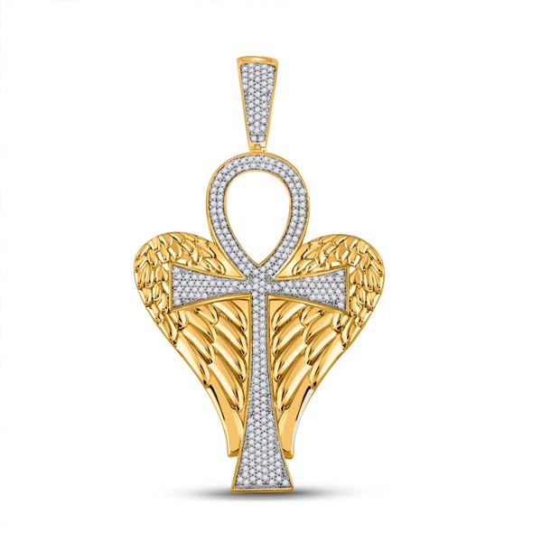 Mens Diamond Ankh Wings Cross Charm Pendant 3/4 Cttw 10kt Yellow Gold