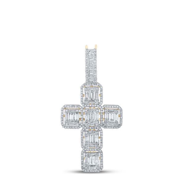 Mens Baguette Diamond Cross Charm Pendant 1-7/8 Cttw 10kt Yellow Gold