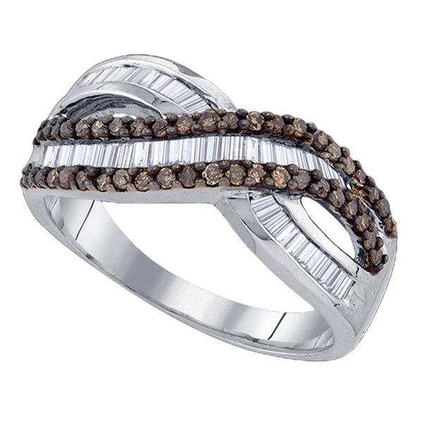 Baguette Brown Diamond Crossover Band Ring 5/8 Cttw Sterling Silver