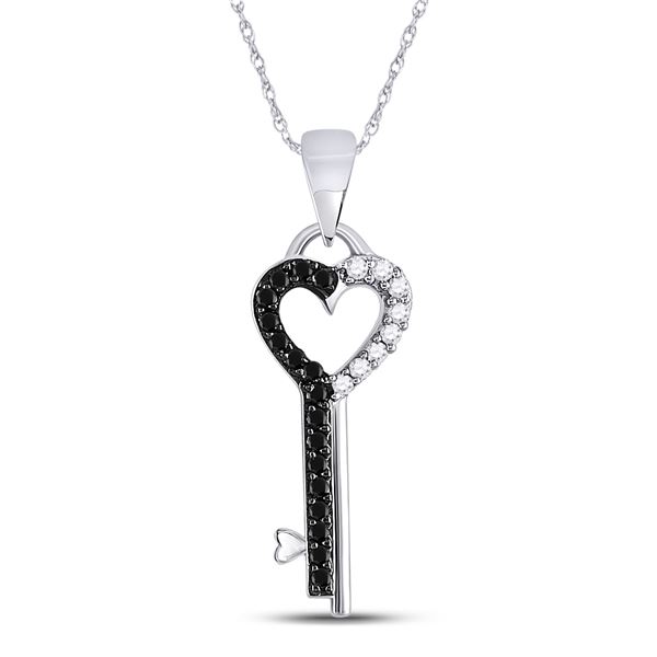 Black Color Enhanced Diamond Key Heart Pendant 1/8 Cttw 10kt White Gold