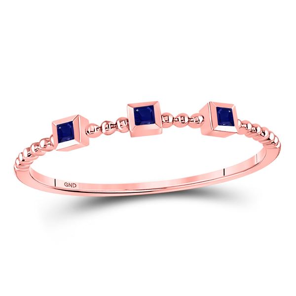 Princess Blue Sapphire 3-Stone Beaded Stackable Band Ring 1/20 Cttw 10kt Rose Gold