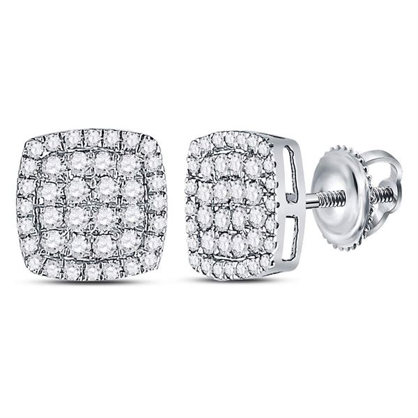 Diamond Cluster Cushion Stud Earrings 1/2 Cttw 14kt White Gold