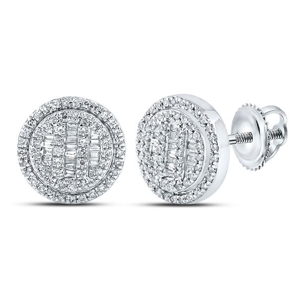 Mens Baguette Diamond Disk Circle Earrings 1/2 Cttw 10kt White Gold