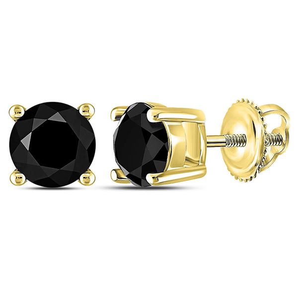 Black Color Enhanced Diamond Solitaire Stud Earrings 1-1/2 Cttw 14kt Yellow Gold