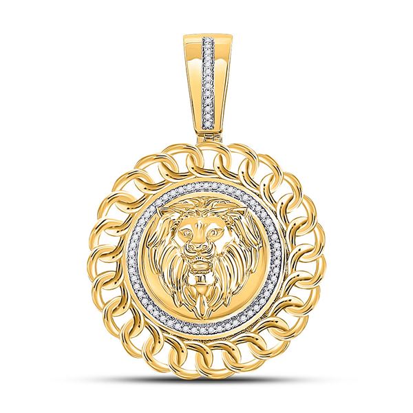 Mens Diamond Lion Head Circle Charm Pendant 1/5 Cttw 10kt Yellow Gold